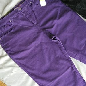 Dark purple jeans, straight leg, high rise.
